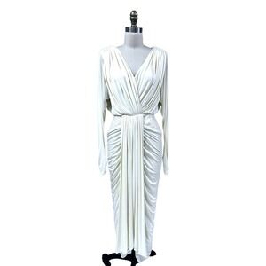 80s Mob Wife Tadashi Draped Dress  Sz 6 Cream Jersey Wiggle Sequin Waist Wiggle